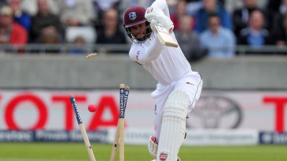 Shai Hope got an inside edge on to his stumps