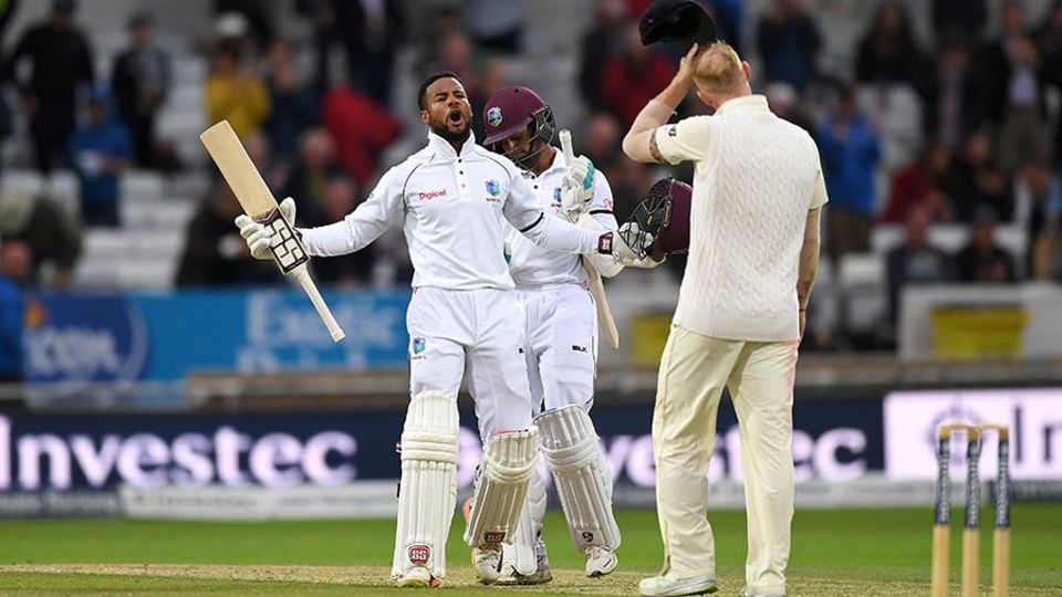 Shai Hope celebrates the winning runs