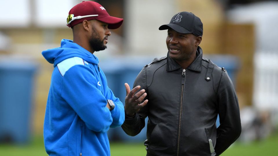 Shai Hope chats with Brian Lara during West Indies training