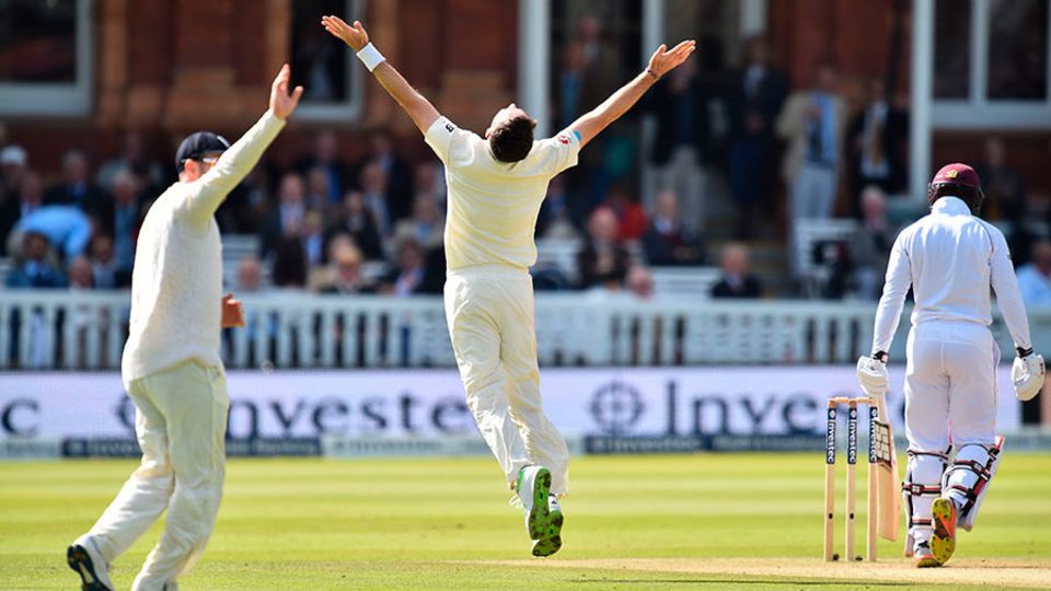 James Anderson celebrates his fifth wicket