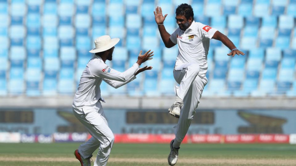Dilruwan Perera takes off in celebration after taking a wicket