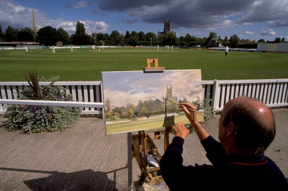 A painter captures the scene on the first day of the final Test, in Worcester