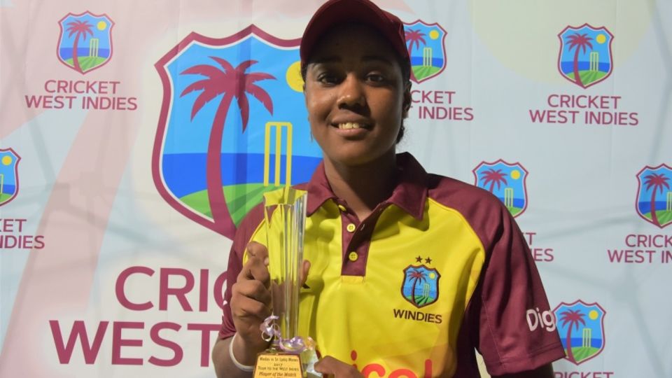 Hayley Matthews poses with the Player-of-the-Match trophy