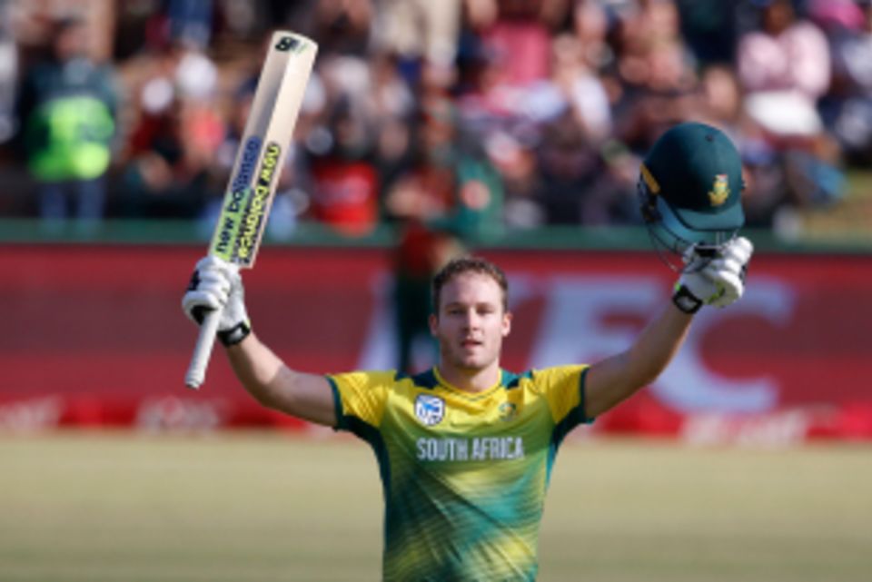 David Miller raises his bat after smashing a century of only 35 balls