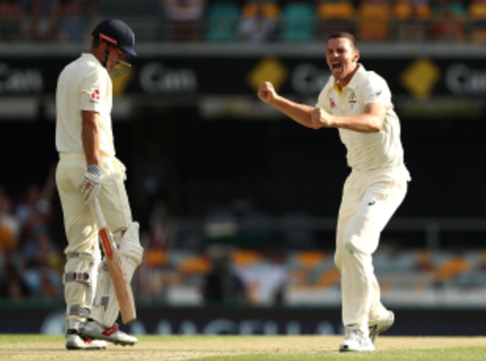 Josh Hazlewood rejoices after Alastair Cook hooked a short one straight to deep backward square leg