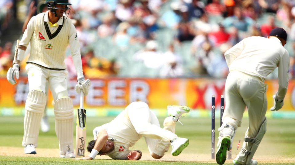 James Anderson ripped a trouser leg attempting a catch off Mitchell Starc