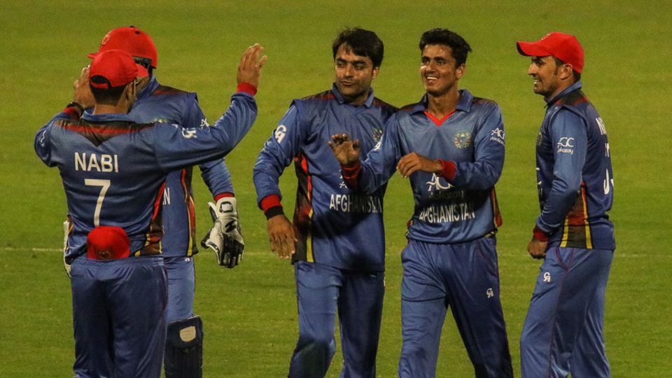 Afghanistan gets into celebration mode after Mujeeb Zadran bowls Gary Wilson for his third wicket on ODI debut