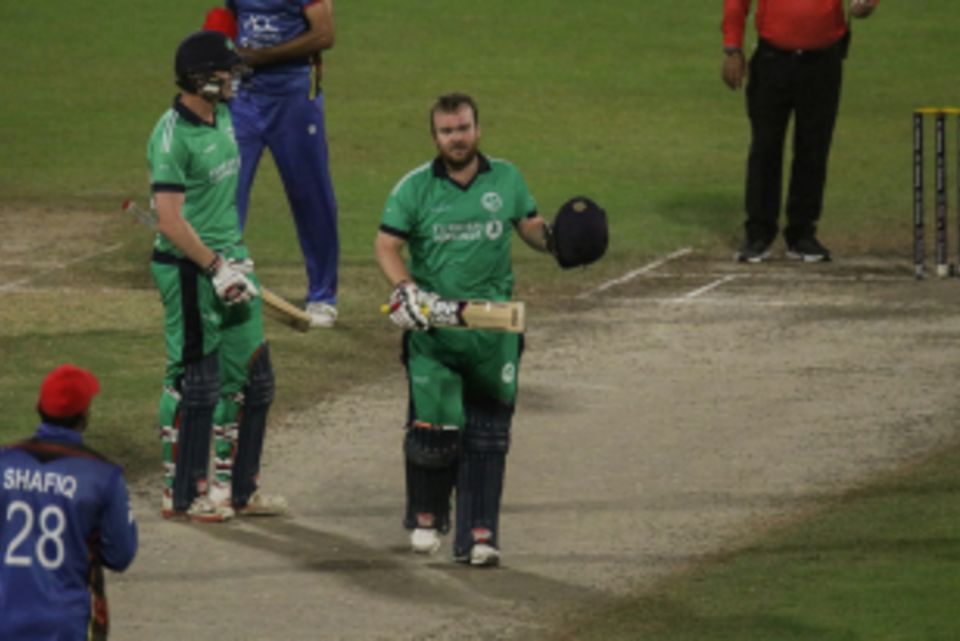 Paul Stirling celebrates after notching his sixth ODI century