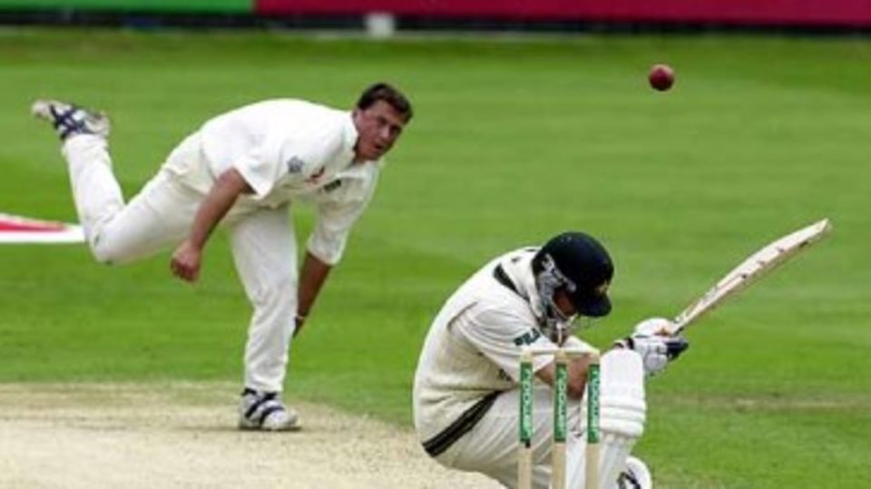 Darren Gough lets Mark Waugh have a short one
