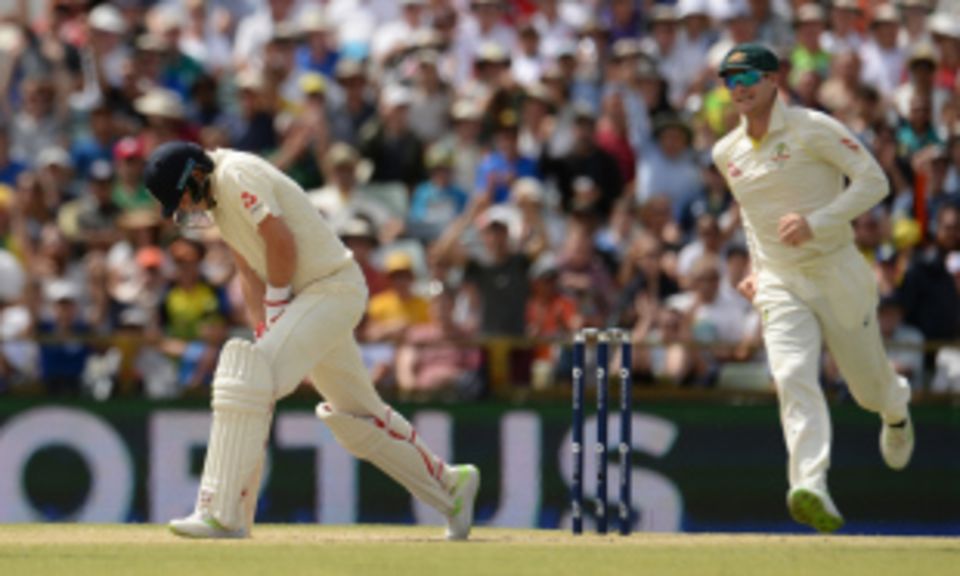Steve Smith's elated after taking the catch to dismiss Joe Root