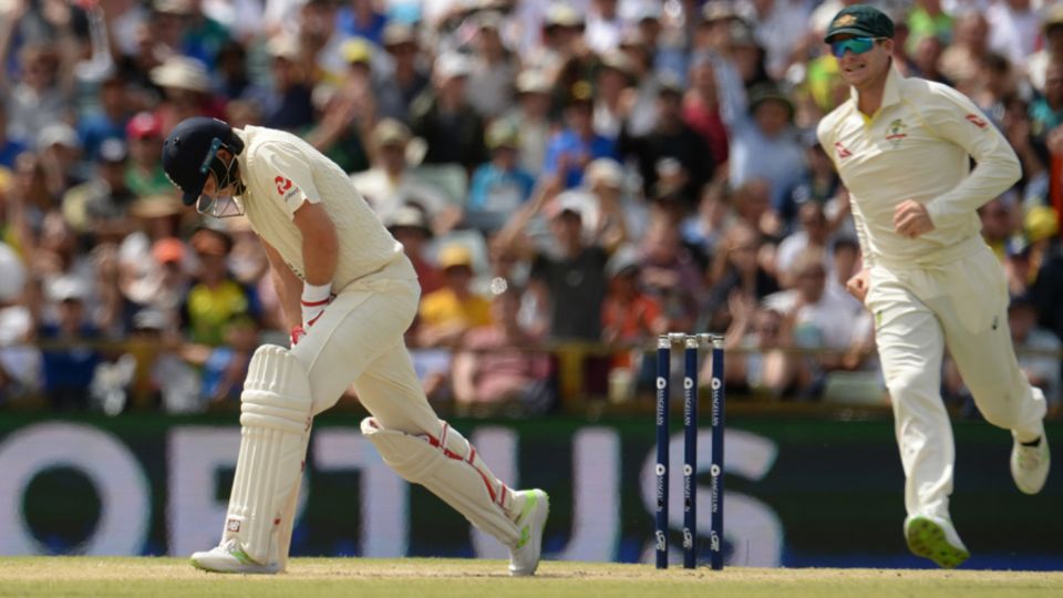 Steve Smith's elated after taking the catch to dismiss Joe Root