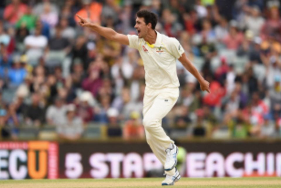Mitchell Starc celebrates the wicket of James Vince