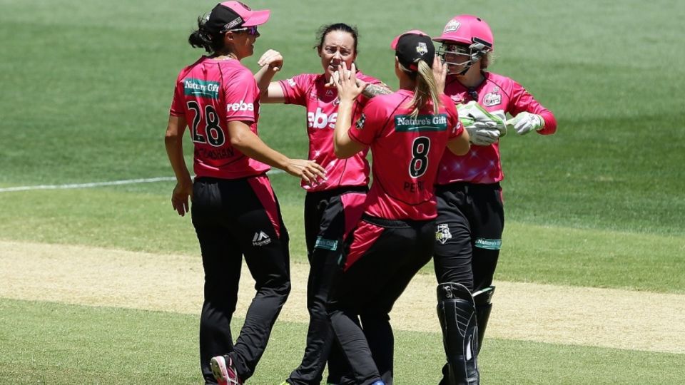 Sarah Coyte celebrates a wicket with team-mates