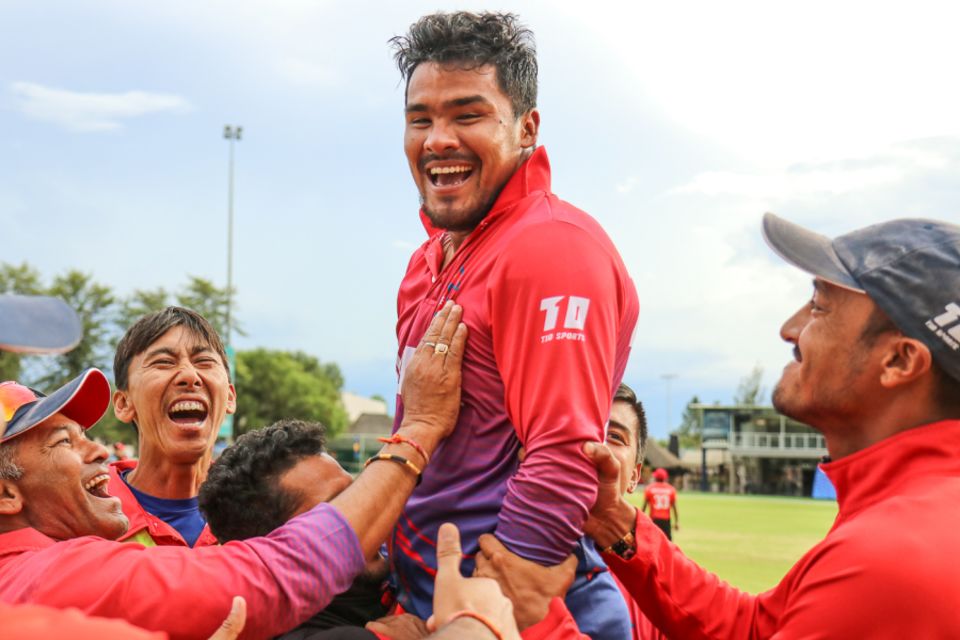 Karan KC is hoisted up on his team-mates' shoulders after the thrilling one-wicket win over Canada that took Nepal to the 2018 World Cup Qualifier