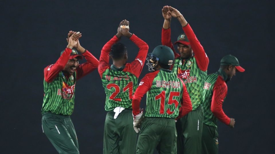 Nazmul Islam celebrates a wicket
