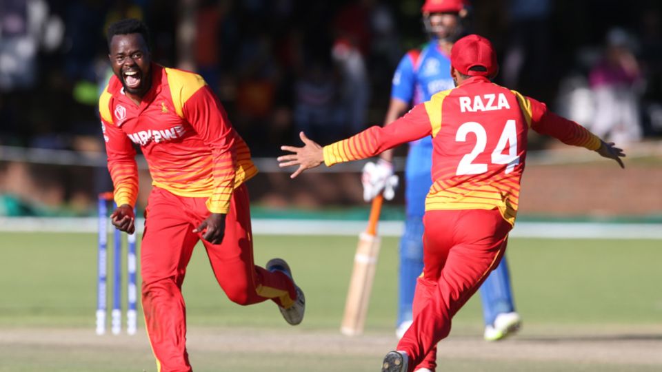 Brian Vitori and Sikandar Raza rejoice at the fall of the final wicket