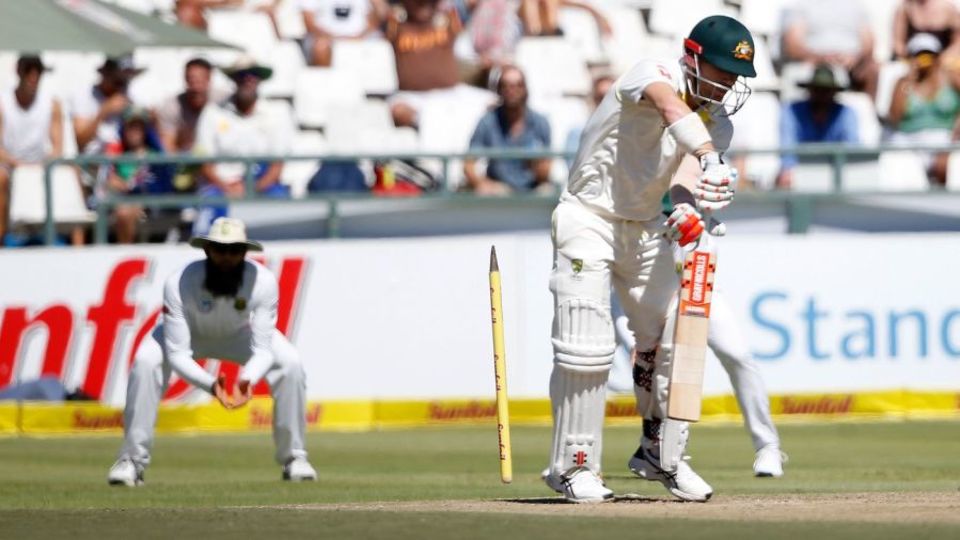 David Warner's stump goes cartwheeling