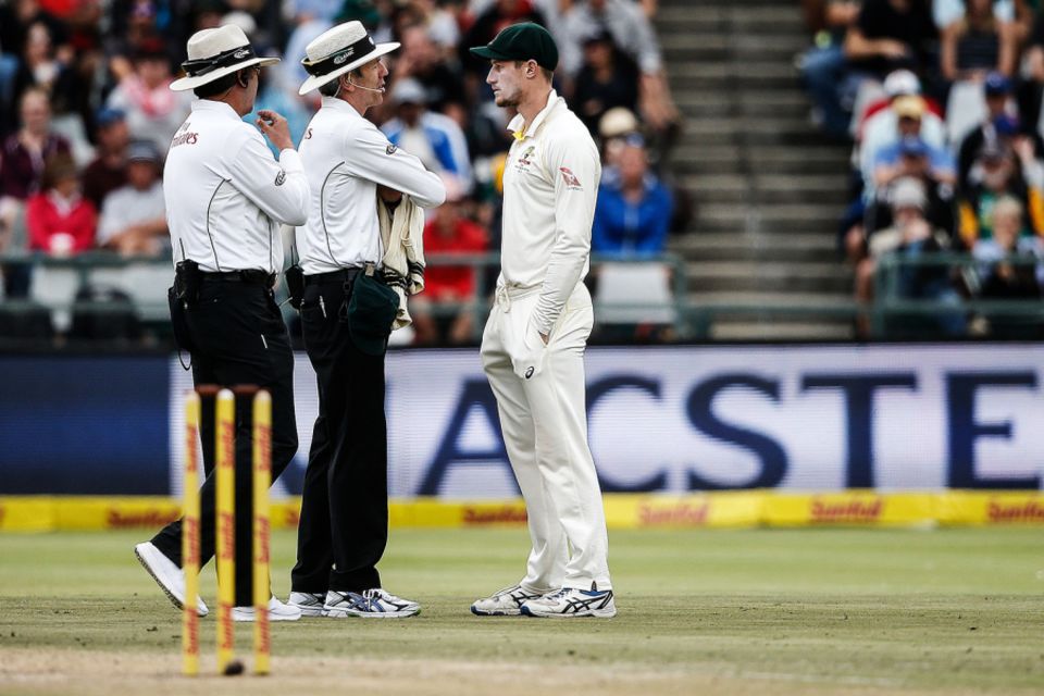 Paper trail: the umpires speak to Cameron Bancroft over his handling of the ball