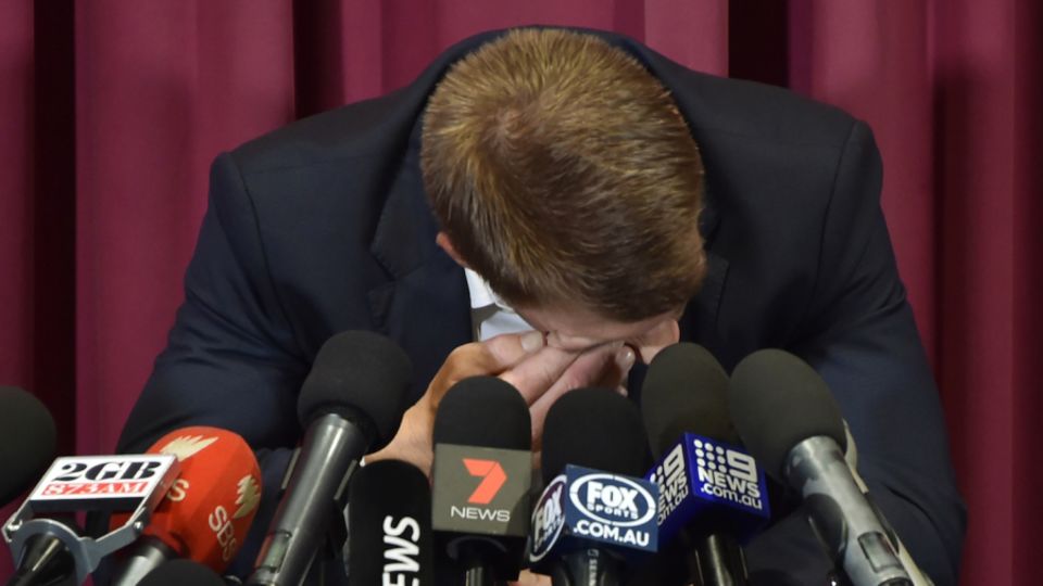 March 31, 2018 - David Warner in tears at his press conference in Sydney, a week after the ball-tampering scandal