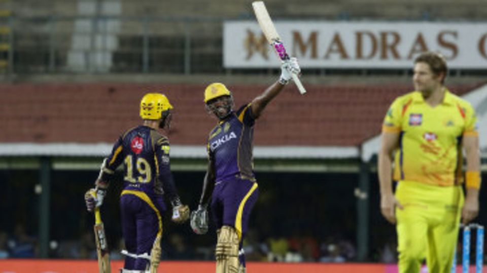 Andre Russell flashes a smile as he acknowledges the applause for his fifty