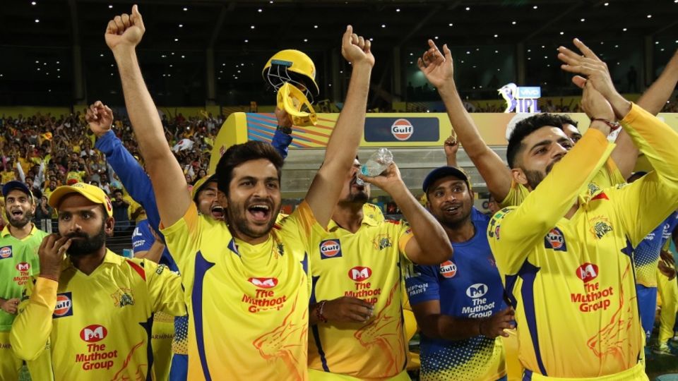 The CSK dugout celebrates the team's win in their final league match of the season