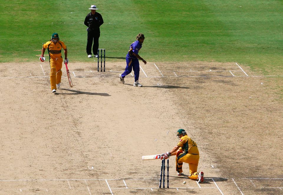 Wham, bam: Lasith Malinga bowls Shane Watson in the 2007 World Cup final