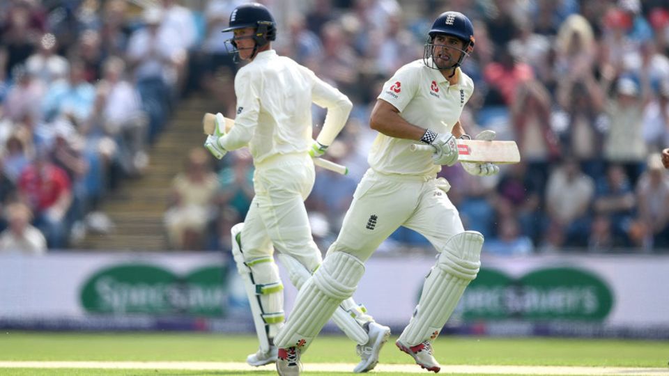 Alastair Cook and Keaton Jennings run between the wickets