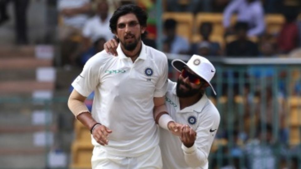 Ishant Sharma and Ravindra Jadeja celebrate a wicket