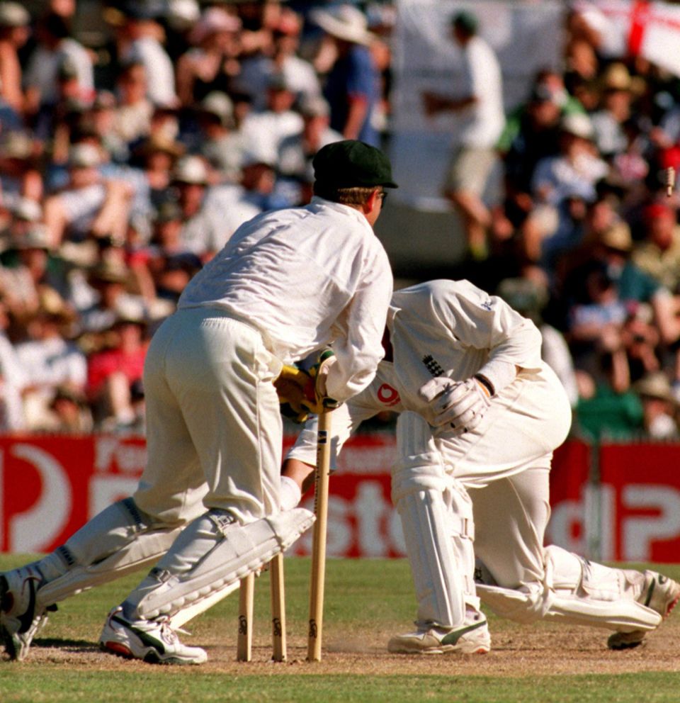Ian Healy stumps opener Mark Butcher for 27 in Sydney in 1998-99