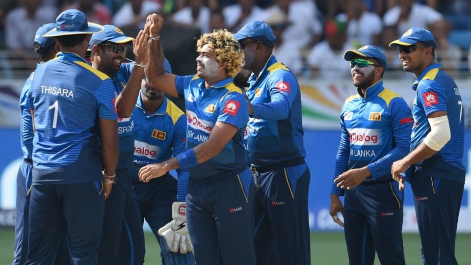 Lasith Malinga celebrates a wicket with the Sri Lankan team