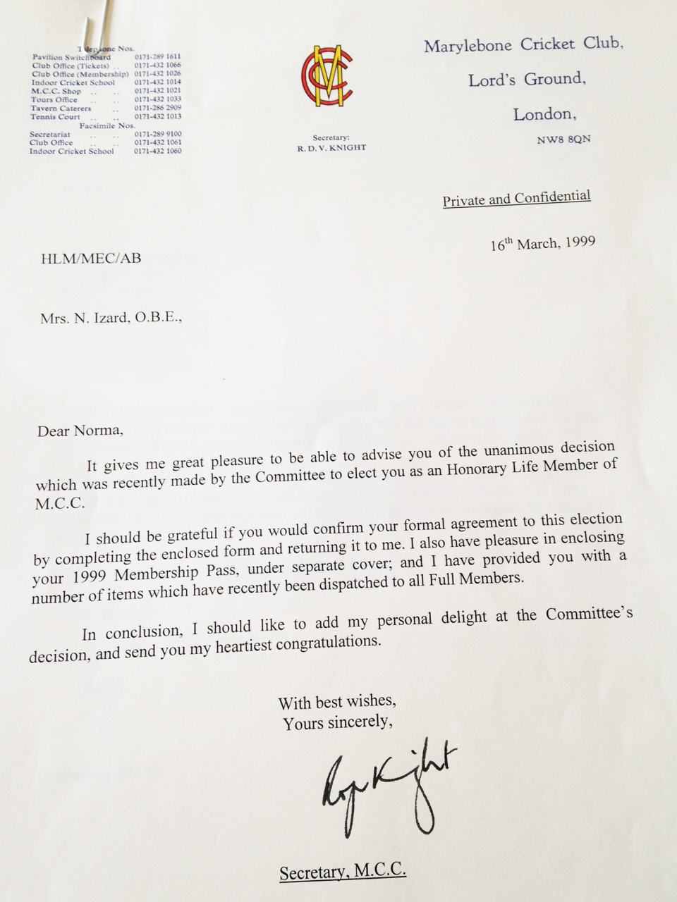 The MCC's letter to Norma Izard informing her she had been granted membership