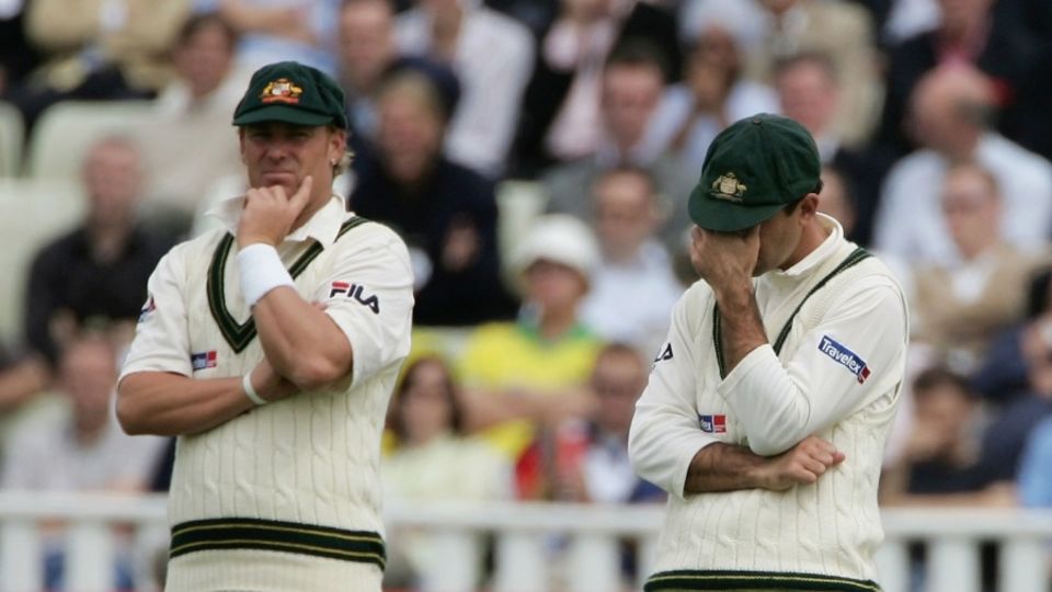 Shane Warne and Ricky Ponting look dejected as England pile on the runs on Day 1
