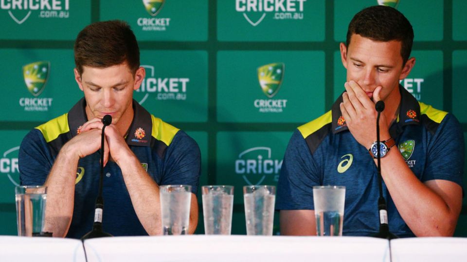 Australia captain Tim Paine and vice captain Josh Hazlewood present the player review at the CA press conference