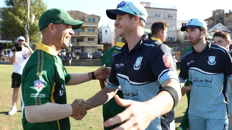 Steven Smith and David Warner shake hands at the end of a club match