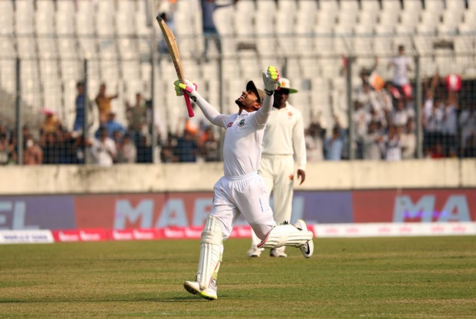 Make mine a double: Mushfiqur celebrates in the 2018 Mirpur Test against Zimbabwe, where he finished with 219 not out in the first innings to level the series 1-1