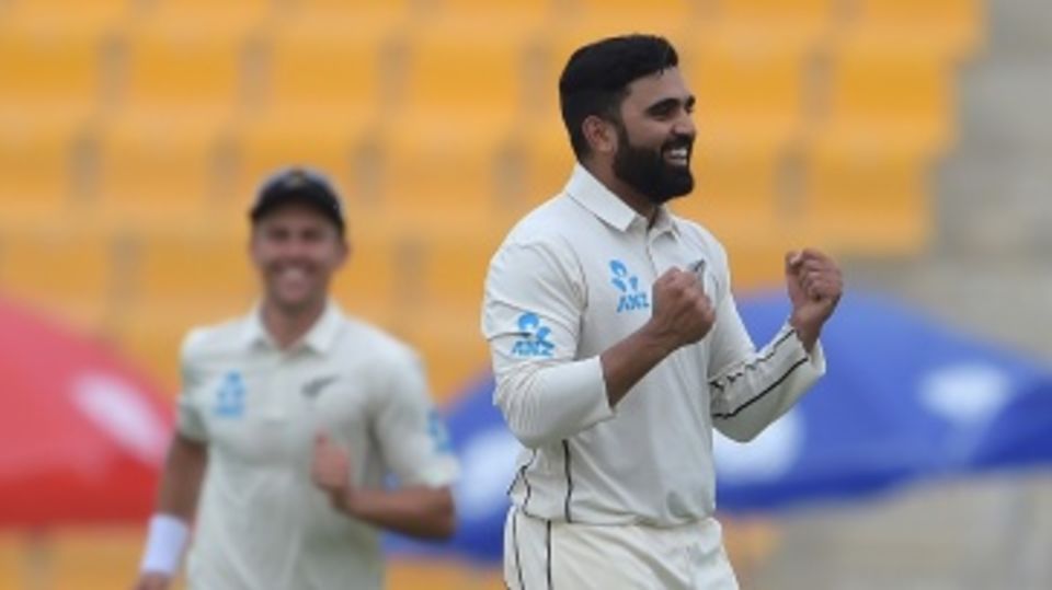 Ajaz Patel celebrates his maiden Test wicket