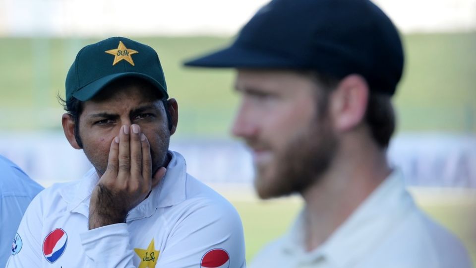 Sarfraz Ahmed and Kane Williamson during the post-match presentation