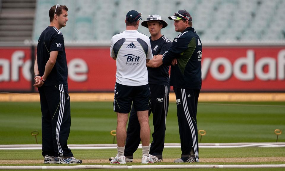 The brains trust: (from left) Leamon, Andrew Strauss, Andy Flower and bowling coach David Saker put their heads together in Melbourne during the 2010-11 Ashes