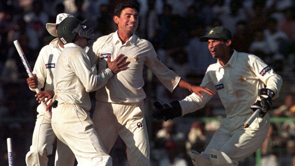 January 31, 1999: Pakistan's Saqlain Mushtaq celebrates the dismissal of the final Indian batter - Javagal Srinath