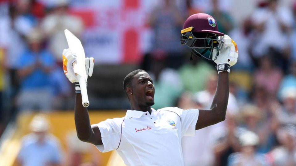 Jason Holder roars in triumph after bringing up his hundred