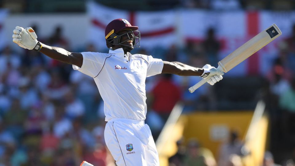 Jason Holder takes off after reaching his maiden Test double-hundred