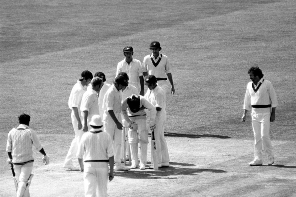 Sunil Wettimuny was hit on the body and then his right instep from consecutive Jeff Thomson deliveries