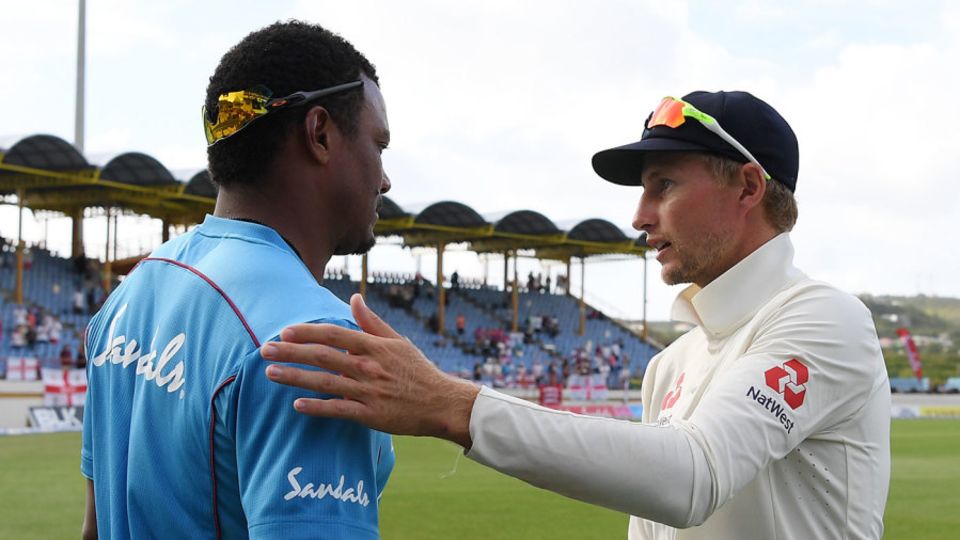 Joe Root and Shannon Gabriel shake hands at the end of the St Lucia Test