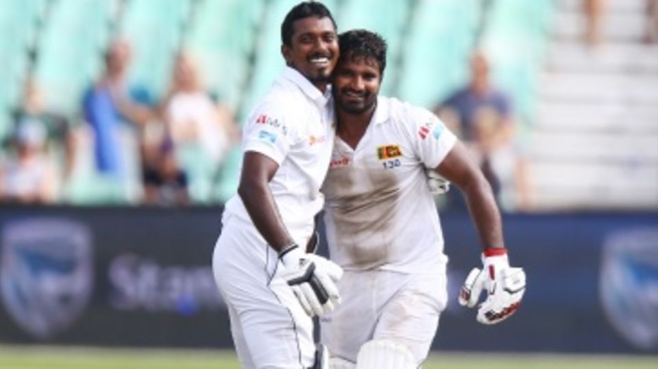 Kusal Perera and Vishwa Fernando celebrate a sensational Sri Lanka win