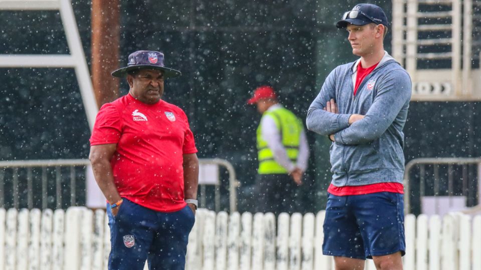 USA coach Pubudu Dassanayake stands frustrated in the rain as USA's maiden T20I ended with no result