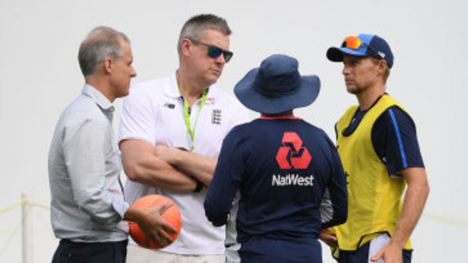 Ashley Giles discusses selection matters with England's Test captain, coach and selector