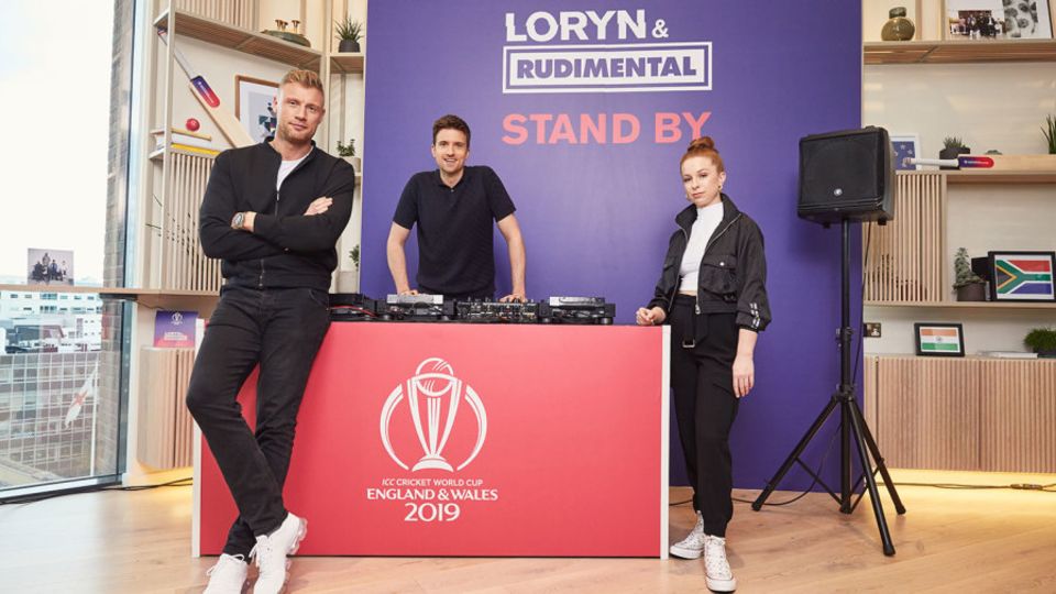Andrew Flintoff, Greg James and LORYN at the launch of the official World Cup song