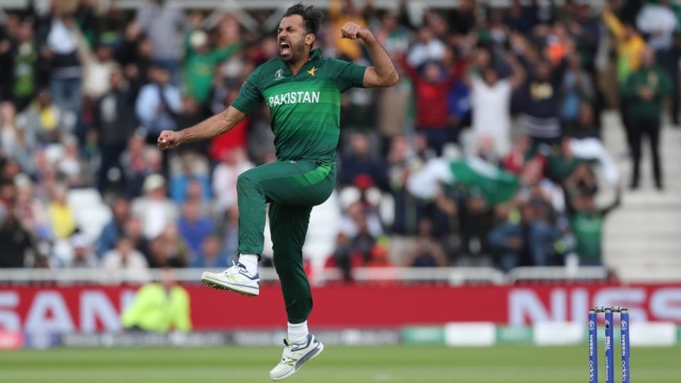 Wahab Riaz is pumped up after taking a wicket