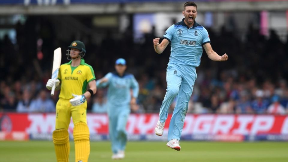 Mark Wood celebrates after dismissing Glenn Maxwell