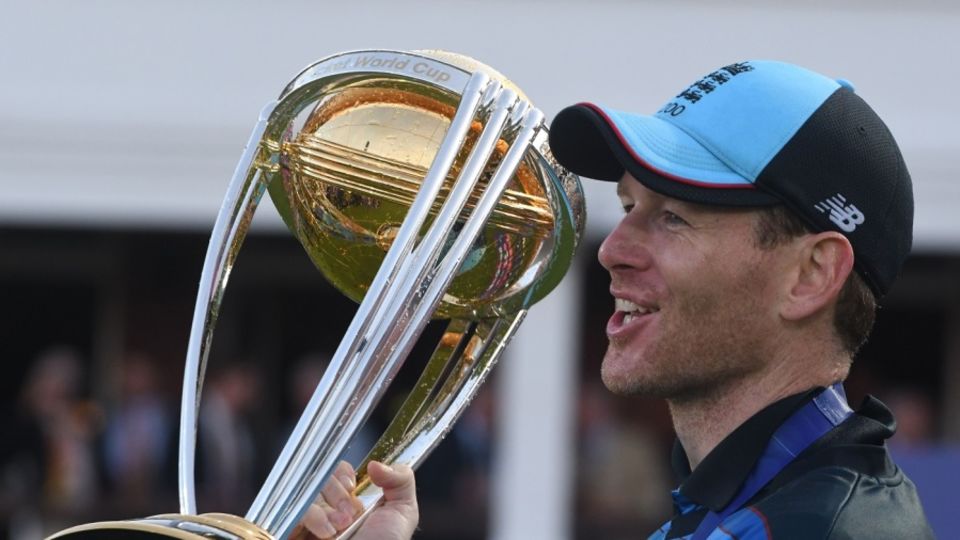 Eoin Morgan poses with the World Cup trophy after the 2019 final